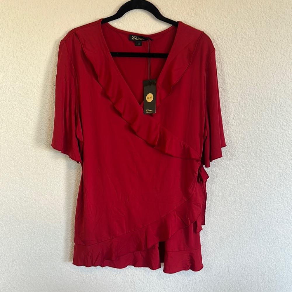 Chico's Red Ruffle V-Neck Women's Top
